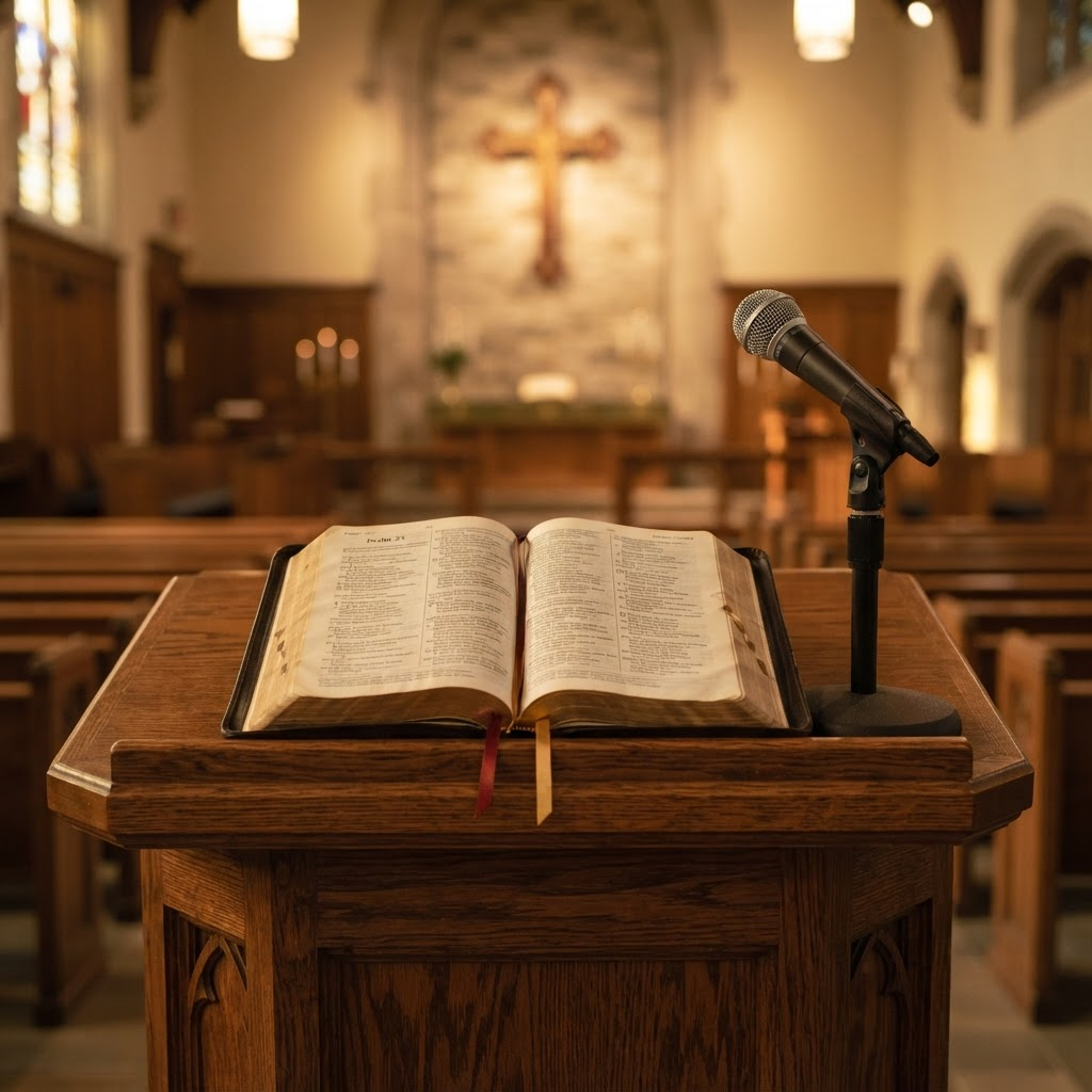 An open Bible on a wooden pulpit in a softly lit sanctuary