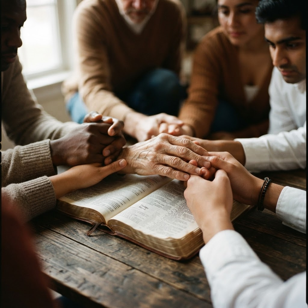 Hands joined together in prayer over an open Bible